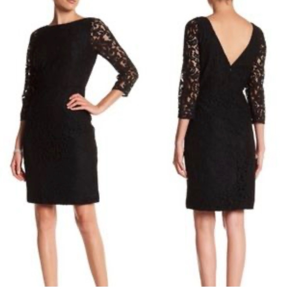 J. Crew Black Lace-Sleeve V-Back Sheath Dress